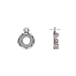 Drop, JBB Findings, antique silver-plated brass, 9.5mm round with open back and flower and leaf design trim, 8mm round bezel setting. Sold per pkg of 2.