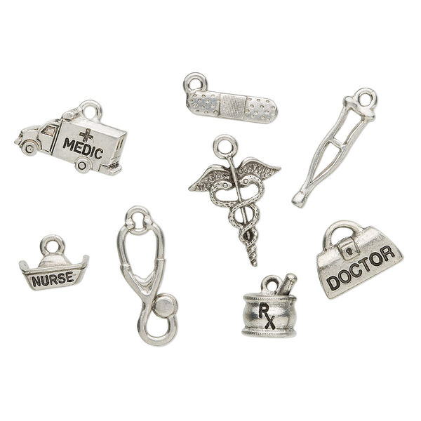 Charm set, antique silver-plated pewter (tin-based alloy), 9x7mm-20x16mm medical theme. Sold per 8-piece set. image number 0
