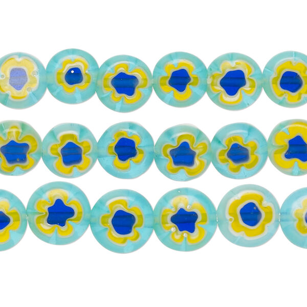 Bead mix, millefiori glass, translucent aqua blue / yellow / blue, 8-9mm puffed flat round with flower design. Sold per pkg of (3) 14-inch strands. image number 0