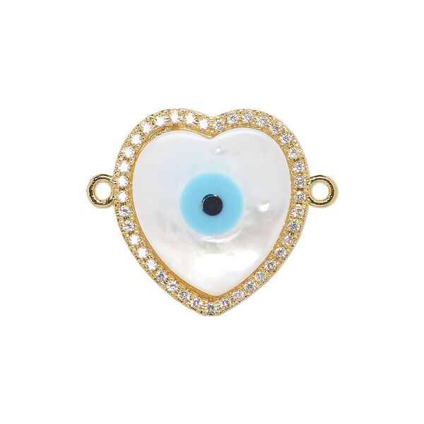 Link, gold-finished brass / mother-of-pearl shell / cubic zirconia / resin, multicolored, 18x17mm single-sided heart with eye design. Sold individually. image number 0