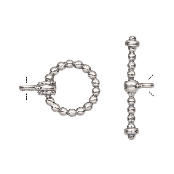 Clasp, toggle, sterling silver, 14mm beaded round. Sold individually. image number 0