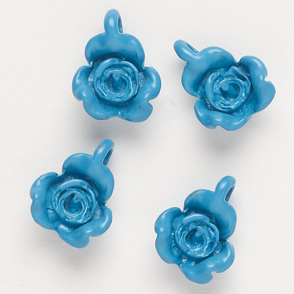 Charm, "pewter" (zinc-based alloy) and enamel, blue, 17x13mm flower. Sold per pkg of 4. image number 0