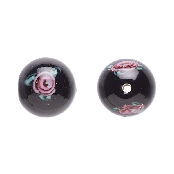 Bead, Czech lampworked glass, opaque black / pink / green, 12-13mm round with flower design. Sold per pkg of 4. image number 0