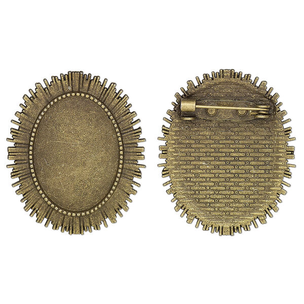Brooch back, glue-in, antique brass-finished "pewter" (zinc-based alloy), 35.5x29.5mm single-sided oval with textured edge with 25x18mm oval setting. Sold per pkg of 2. image number 0