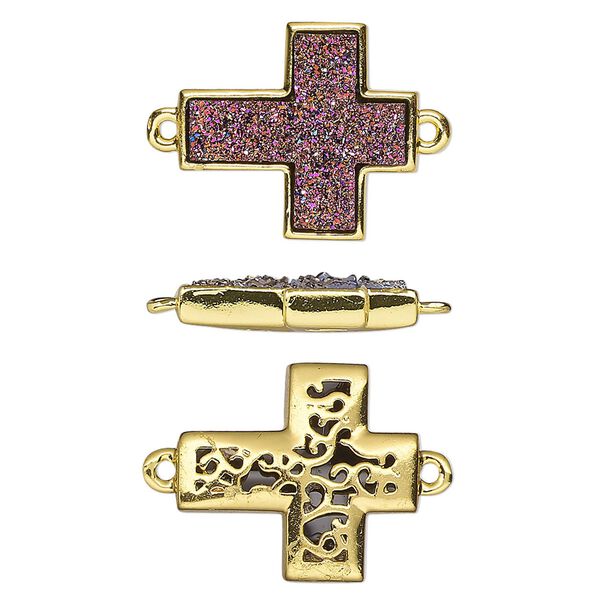 Link, Druzylite™, "druzy" (resin) and gold-finished brass, metallic purple, 18x16mm two-sided cross with open filigree back. Sold per pkg of 4. image number 0