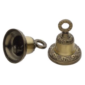 Bell, antiqued brass, 2-inch textured bell. Sold per pkg of 2.