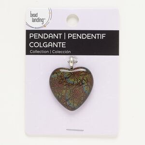 Pendant, antique silver-finished "pewter" (zinc-based alloy) and dichroic glass, opaque multicolored, 33mm heart. Sold individually.