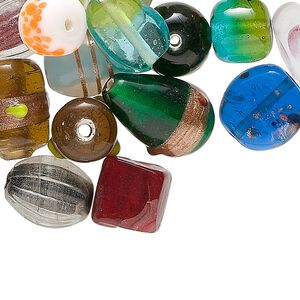 Bead mix, glass, mixed colors, 8mm-24x11mm mixed shapes and designs. Sold per 1/2 pound pkg, approximately 140-150 beads.