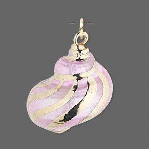 Drop, tapestry turban shell (dyed) and gold-finished copper, pink, 22mm-32x28mm. Sold individually. image number 0