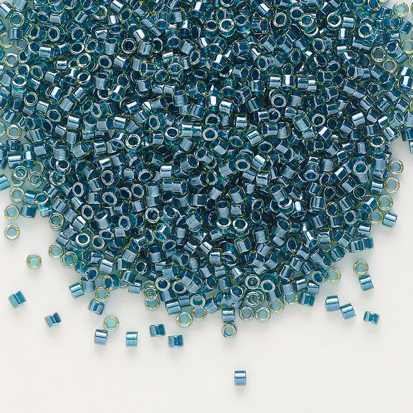 Seed bead, Delica®, glass, pkg/7.5g, #11 round, translucent dark teal-lined luster chartreuse (DB-0919). image number 0
