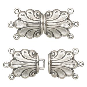Clasp hook 1pkg1 sterling silver, 30x15mm fountain, antiqued 3-strand
