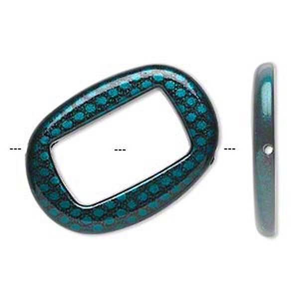 Bead, acrylic, turquoise blue and black, 45x32mm diagonally drilled flat open oval with snakeskin design and 29x17mm center hole. Sold per pkg of 24. image number 0