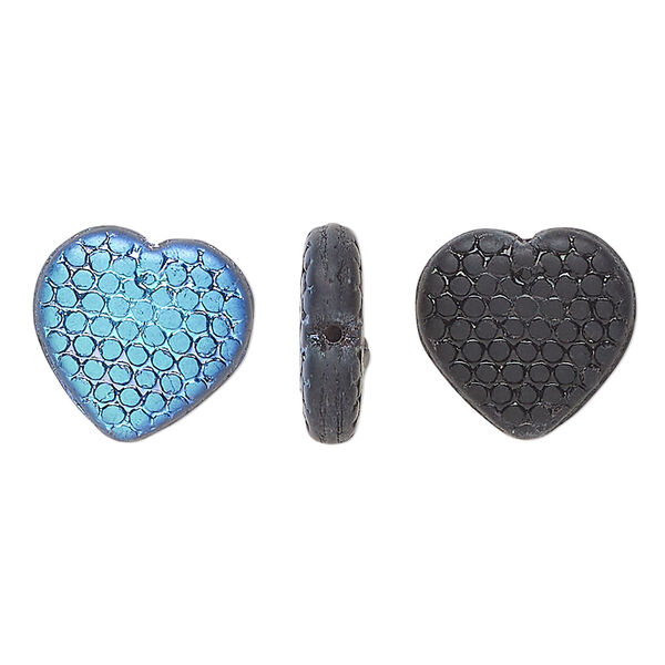Bead, Czech pressed glass, frost black AB, 14mm heart. Sold per 15" to 16" strand. image number 0