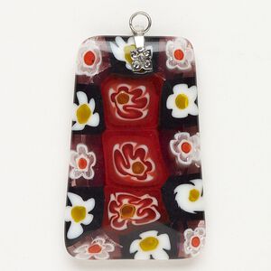 Focal 1pkg1 silver-finished steel and millefiori glass, translucent and transparent multicolored, 43x28mm-44x28mm puffed trapezoid.