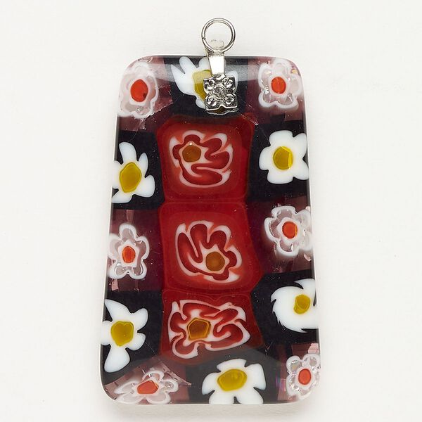 Focal 1pkg1 silver-finished steel and millefiori glass, translucent and transparent multicolored, 43x28mm-44x28mm puffed trapezoid. image number 0