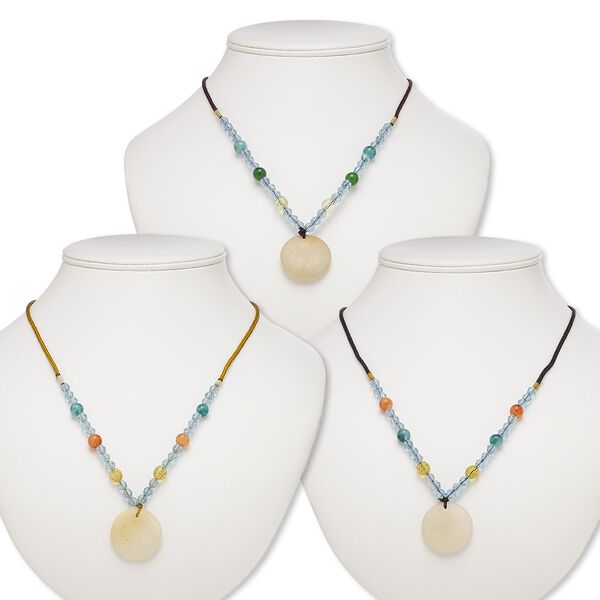 Multi-gemstone / acrylic / glass 1pkg3, round pendant necklace mix continuous loop 20-24 inch 29-30mm image number 0