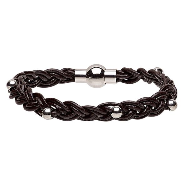 Bracelet, leather (dyed) and stainless steel, dark brown, 11mm wide with 5mm round and woven design, 7 inches with magnetic clasp. Sold individually. image number 0