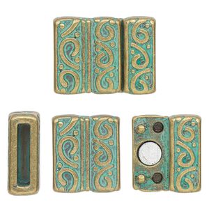 Clasp magnetic 1pkg1 brass-plated / patina "pewter" (zinc alloy), 21.5x16.5mm rectangle double-sided / fits 12x2mm cord, green antique 1-strand
