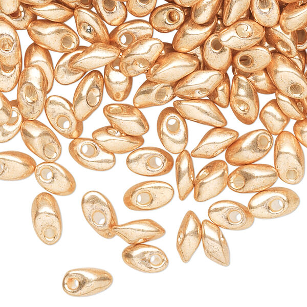 Seed bead, Miyuki, glass, pkg/10g, 7x4mm long magatama, opaque metallic shiny gold (LMA-1052). image number 0