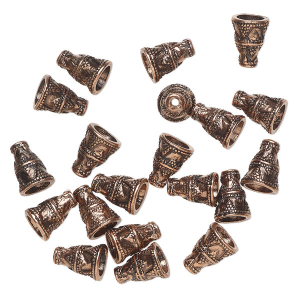 Cone, antique copper-finished "pewter" (zinc-based alloy), 12x9mm beaded cone with 6mm hole. Sold per pkg of 20. image number 0