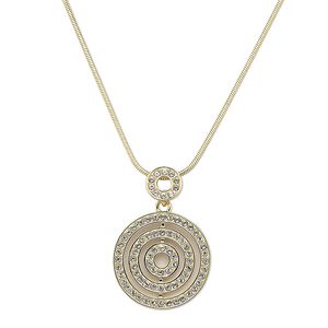 Necklace, Austrian crystal with gold-finished brass and "pewter" (zinc-based alloy), clear, 26mm round, 18 inches with 2-inch extender chain and lobster claw clasp. Sold individually.