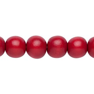 Bead, Taiwanese cheesewood (dyed / waxed), cranberry red, 9-10mm round. Sold per pkg of (2) 15-1/2" to 16" strands.