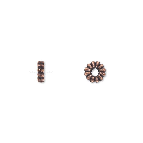 Bead, antique copper-plated "pewter" (zinc-based alloy), 7x2mm double-sided corrugated rondelle. Sold per pkg of 100. image number 0
