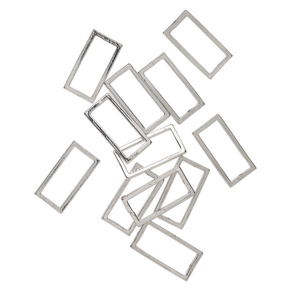 Bead, bead frame, silver-finished "pewter" (zinc-based alloy), 28x14mm open rectangle with 23.5mm center opening. Sold per pkg of 12. image number 0