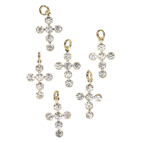 Drop, "pewter" (zinc-based alloy) and glass, pkg/6, 16x12mm cross, gold finish and clear. image number 0