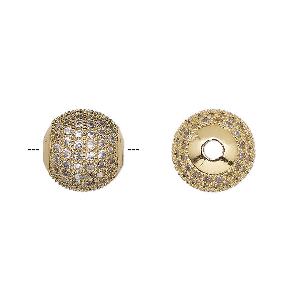 Bead, cubic zirconia and gold-finished brass, clear, 11.5mm textured round. Sold individually. image number 0