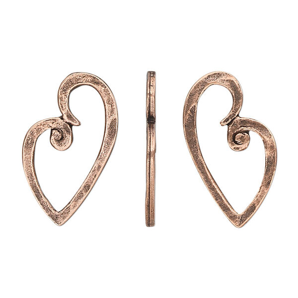 Component, antique copper-plated pewter (tin-based alloy), 23x13mm heart. Sold per pkg of 4. image number 0