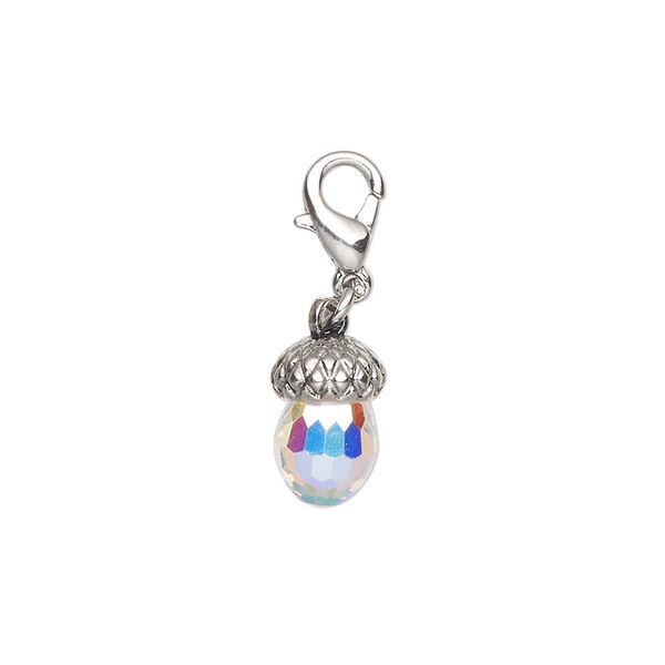 Charm crystal steel 1pk 12x8mm acorn with lobster claw clasp, clear AB silver finish image number 0