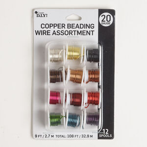 Wire assortment 1pkg12, enamel-coated copper, mixed colors, 9 feet, round, 20 gauge.