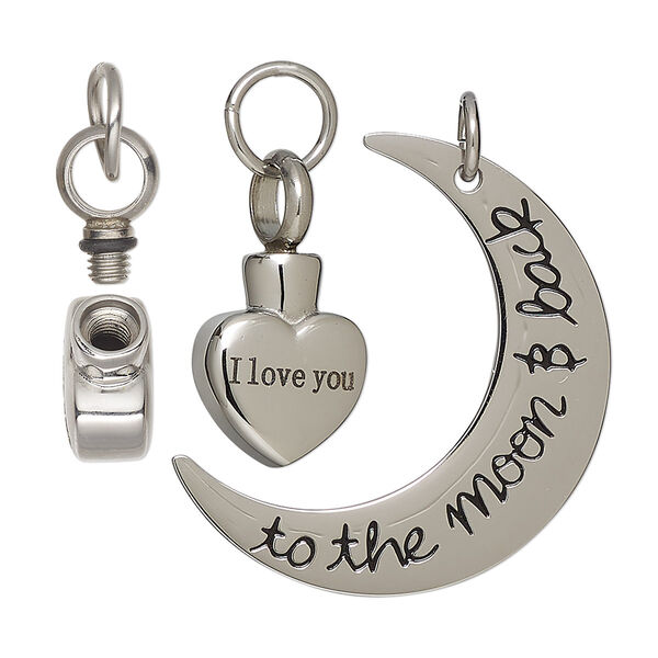 Pendant, stainless steel and silicone, black, 31x24mm flat half moon with "to the moon and back" and 21x11mm heart with "I love you" and watertight chamber. Sold per 2-piece set. image number 0
