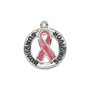 Charm, silver-plated "pewter" (zinc-based alloy) and enamel, pink and black, 21mm open round with single-sided awareness ribbon and "SURVIVOR." Sold individually.