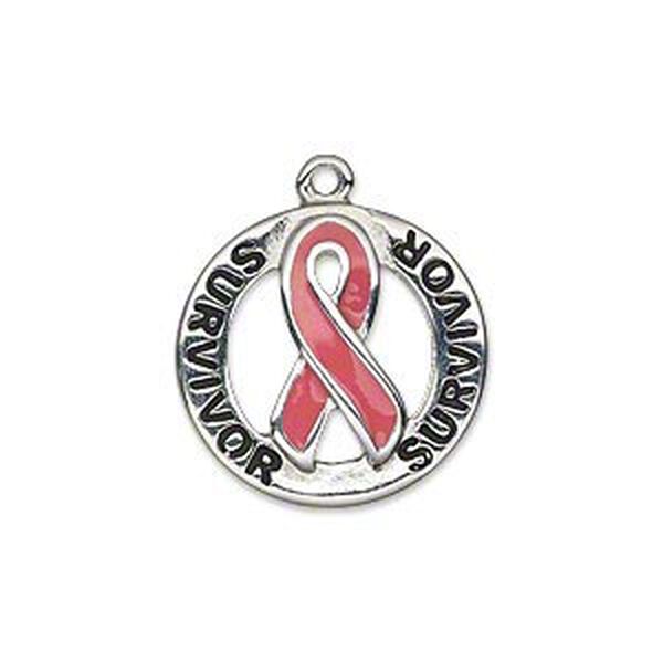 Charm, silver-plated "pewter" (zinc-based alloy) and enamel, pink and black, 21mm open round with single-sided awareness ribbon and "SURVIVOR." Sold individually. image number 0
