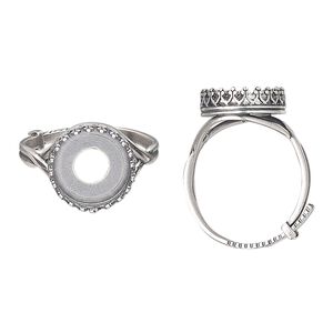Ring, JBB Findings, antique silver-plated brass, 13.5mm wide with decorative trim and 12mm round bezel setting, adjustable from size 8-11. Sold individually.