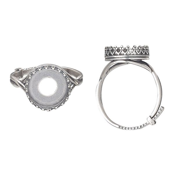 Ring, JBB Findings, antique silver-plated brass, 13.5mm wide with decorative trim and 12mm round bezel setting, adjustable from size 8-11. Sold individually. image number 0