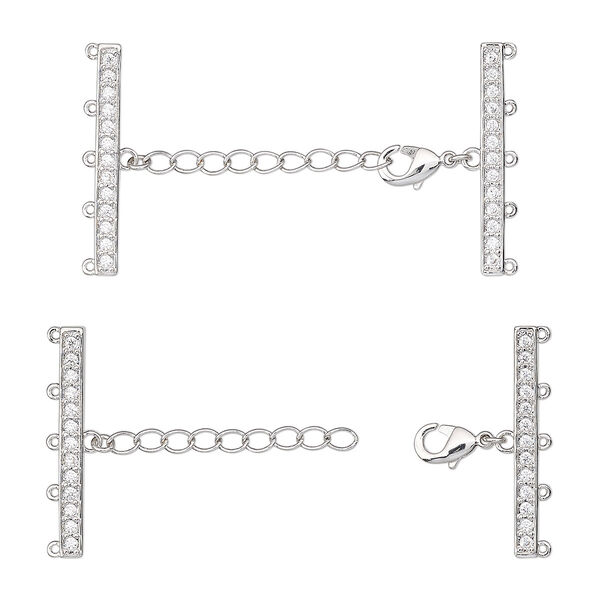 End bar, cubic zirconia and rhodium-plated brass, clear, 49x28mm 5-strand with 28x5mm rectangle and 1-inch extender chain with lobster claw clasp. Sold individually. image number 0
