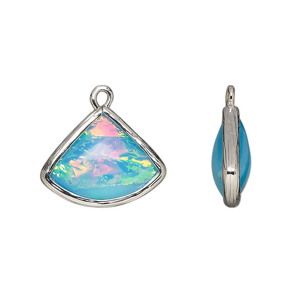 Drop, Opalized Ice™, "opal" (resin) and imitation rhodium-finished brass, opaque light blue, 19x15mm double-sided fan. Sold per pkg of 4. image number 0