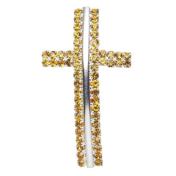 Focal, silver-finished brass and glass, yellow, 50x28mm curved cross with 2mm stringing channel. Sold individually. image number 0