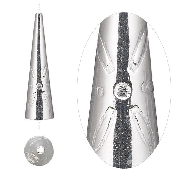 Cone, sterling silver, 25.5x7mm with flower design, 6.5mm inside diameter. Sold per pkg of 2. image number 0