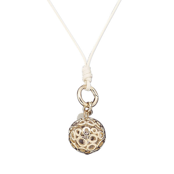Necklace, glass / waxed cotton cord / gold-finished steel / "pewter" (zinc-based alloy), white and clear, 18mm round, 20 inches with 2-inch extender chain and lobster claw clasp. Sold individually. image number 0