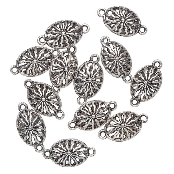 Link, antique silver-finished brass, 17.5x13mm filigree oval with sunburst pattern. Sold per pkg of 12. image number 0