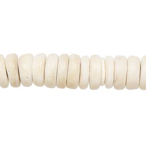 Bead, wood (bleached / waxed), white, 10x2.5mmx10.5x4mm hand-cut rondelle. Sold per 15-1/2" to 16" strand.