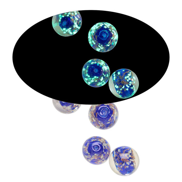 Bead, lampworked glass, clear / cobalt blue / glow-in-the-dark / gold, 14mm round. Sold per pkg of 4. image number 0