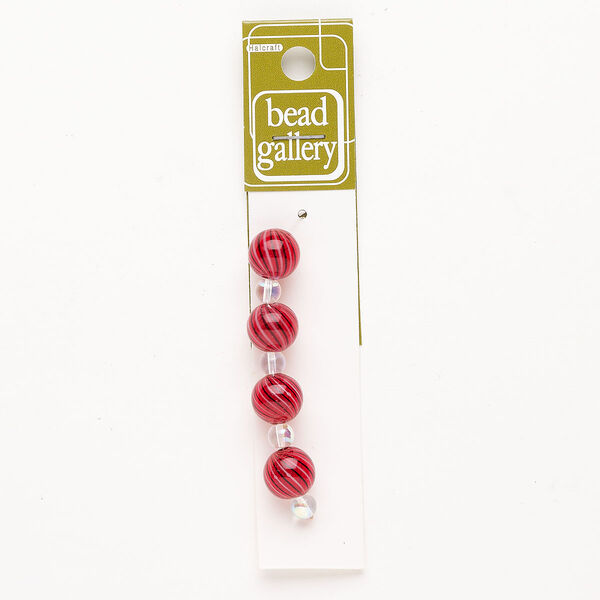 Bead 1pkg4 handblown glass, 12mm round / line design, translucent red / black / white image number 0