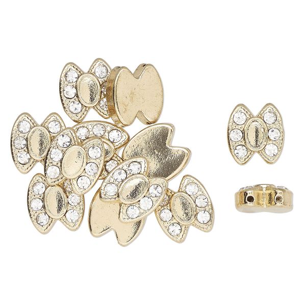 Bead, spacer, gold-finished "pewter" (zinc-based alloy) and glass, clear, 12.5x11.5mm 2-strand fancy oval, fits up to 6.5mm round beads. Sold per pkg of 12. image number 0