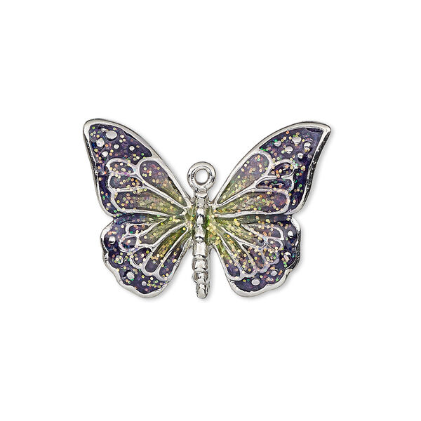 Charm, enamel and imitation rhodium-plated "pewter" (zinc-based alloy), purple and green with glitter, 26x19mm single-sided butterfly. Sold individually. image number 0