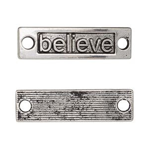 Link, antique silver-finished "pewter" (zinc-based alloy), 35x9.5mm single-sided curved flat rectangle with "believe." Sold per pkg of 2.